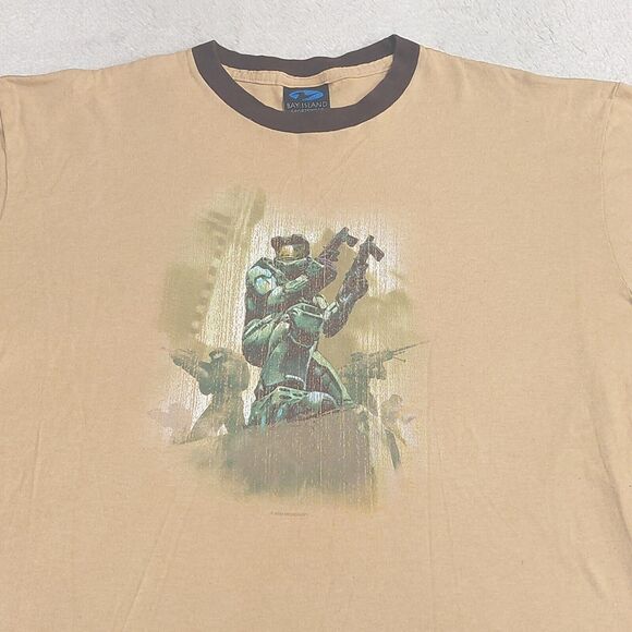VTG Y2K Xbox Halo 2 Master Chief T Shirt Ringer Brown Promo Men's Size Large - Picture 2 of 9